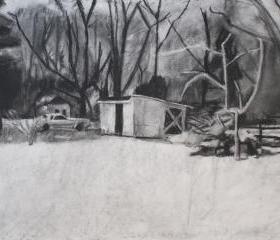 Snow Drawing Art Print Black and White - Winter Shed Landscape Series, Charcoal Medium 