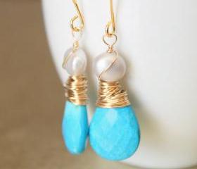 Sleeping Beauty Turquoise Earrings Wirewrapped Gold Fill Wire