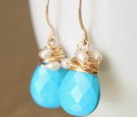 Sleeping Beauty Turquoise Rice Pearl Earrings Wirewrapped Gold Fill Wire Handmade Earwires