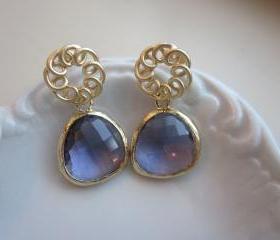 Tanzanite Earrings Purple Matte Gold Circle - Gold Plated Gem - Bridesmaid Earrings - Bridal Earrings
