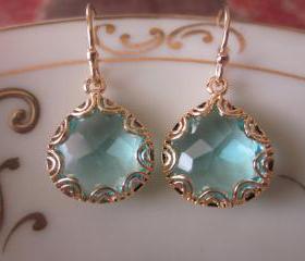 Gold Aquamarine Earrings - Pear Shape with Gold Design - Bridesmaid Earrings - Wedding Earrings