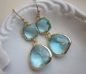 Aquamarine Earrings Gold Two Tier Blue Earrings - Bridesmaid Earrings Wedding Earrings
