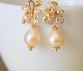FLEUR--Pink Teardrop Pearls and Gold Vermeil Rhinestone Earrings