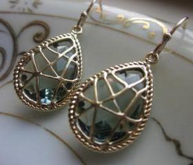 Charcoal Gray Earrings Gold Twisted - Bridesmaid Earrings - Bridal Earrings - Wedding Earrings