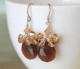 Brown Carnelian and Golden Swarovski Crystal Sterling Silver Earrings