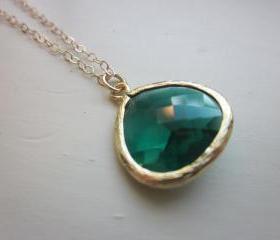 Emerald Green Necklace Gold Plated Large Pendant - Gold Filled Chain - Wedding Jewelry - Bridesmaid Jewelry - Bridesmaid Necklace