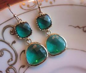 Emerald Green Earrings Gold Two Tier - Bridesmaid Earrings - Wedding Earrings - Bridal Earrings