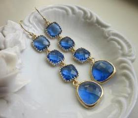 Cobalt Earrings Blue Gold Plated Earrings 4 tier - Bridesmaid Earrings - Wedding Earrings - Bridal Earrings