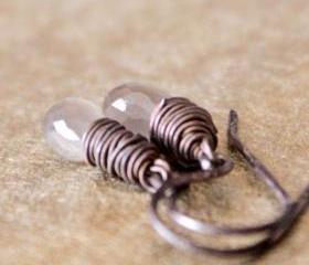 Gray Moonstone Earrings Antique Patina Sterling Silver Wirewrapped