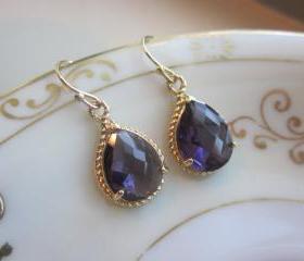 Amethyst Earrings Purple Gold Teardrop Pendant - Bridesmaid Earrings Wedding Earrings Bridal Earrings