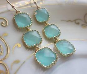 Aqua Blue Earrings Gold Plated - Three Tier Squares - Bridesmaid Earrings - Bridal Earrings