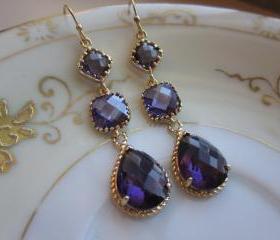 Amethyst Earrings Purple Gold - three tier - Bridesmaid Earrings - Wedding Jewelry - Bridal Earrings
