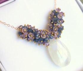 LILAC TREE--Amethyst and Sapphire Rondelles with Rainbow Moonstone Gold Fill Necklace
