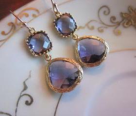 Amethyst Earrings Two Tier Gold Earrings Teardrop Glass - Bridesmaid Earrings Wedding Earrings Bridal Earrings
