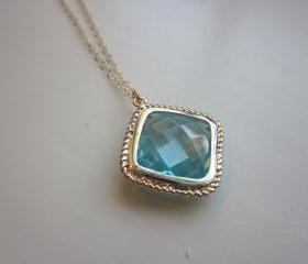 Aquamarine Necklace Gold Plated Aqua Large Diamond Pendant - Gold Filled Chain - Wedding Jewelry - Bridesmaid Jewelry - Bridesmaid Necklace