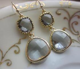 Charcoal Gray Earrings Gold Plated Two Tier - Bridesmaid Earrings - Bridal Earrings - Wedding Jewelry