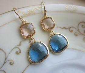 Champagne Peach Earrings Sapphire Navy Gold Plated - Bridesmaid Earrings - Wedding Earrings - Bridal Earrings
