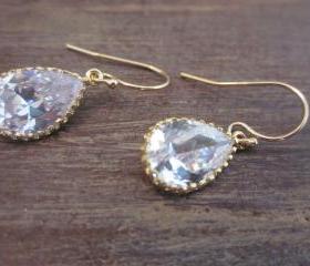 Crystal Earrings Briolette Gold Filled Earwires - Gold Plated Glass Gem - Bridesmaid Earrings - Bridal Earrings