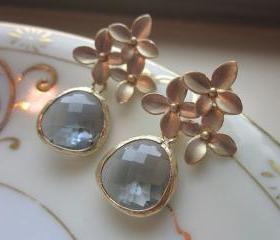 Charcoal Gray Earrings Gold Cherry Blossom - Sterling Silver Posts - Bridesmaid Earrings - Bridal Earrings - Wedding Jewelry