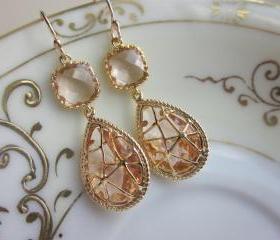 Champagne Peach Earrings Pink Gold Twisted Design - Bridesmaid Earrings Wedding Earrings Bridal Earrings