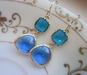 Cobalt Blue Earrings Sea Blue Gold Two Tier Earrings - Gold Plated - Bridesmaid Earrings Wedding Earrings Bridal Earrings