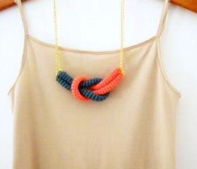 Together, crochet knot necklace. Nautical knot necklace. Cypress green and coral pink cotton yarn