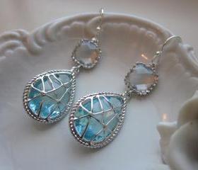 Crystal Aquamarine Earrings Blue Sterling Silver Earwires - Bridesmaid Earrings Wedding Earrings