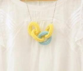 Chain reaction, crochet chain necklace. Yellow and mint green cotton yarn
