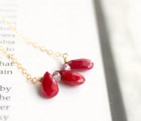 SALE-ROUGE--Striking Faceted Red Ruby Briolette Trio and Gold Fill Necklace