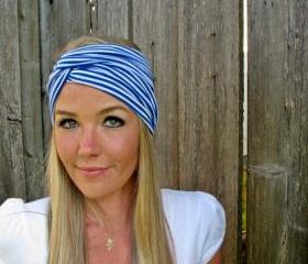 Vintage Turban Style Stretch Jersey Knit Headband in Nautical Blue Stripe- Multi Ways to Wear