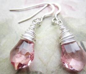 Crystal Earrings, Swarovski Earrings, Pink Crystal Earrings, Wire Wrapped, Briolette, Pale Pink, Baroque Earrings, Bridal Earrings, Wedding