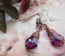 Swarovski Crystal Earrings, Wire Wrapped Jewellery, Drop Earrings, Steampunk, Briolettes, Baroque Earrings, Copper, Purple, Amethyst