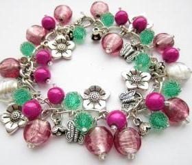 Cluster Bracelet, Charm Bracelet, Fuschia Pink, Green, Flowers, Butterflies, Glass Beads