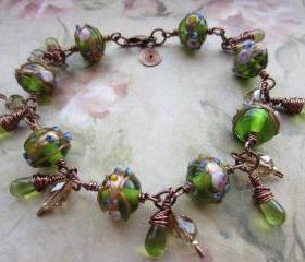 Emerald Green Bracelet, Copper Wire Bracelet, Lampwork Bead Bracelet, Cluster Bracelet, Green, Antique Copper, Gold, Steampunk