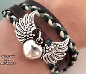 Heart & angel wings silver charm hemp woven leather bracelet