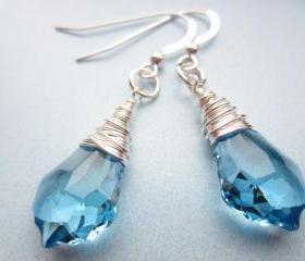 Swarovski Crystal Earrings, Wire Wrapped Earrings, Blue Crystal, Aquamarine, Briolette, Baroque, Drop, Wedding, Bridal, Something Blue