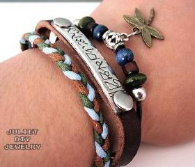 Dragonfly and sanskrit multi-strand hemp woven leather zen bracelet