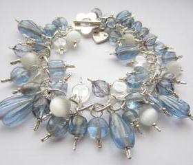 Pale Blue Bracelet, Blue and Silver Bracelet, Cluster Bracelet, Cats Eye Bead, Denim Blue, Powder Blue, Charm Bracelet, Something Blue