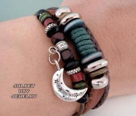 Silver moon charm leather beaded bracelet