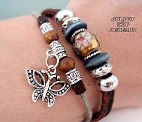 Silver butterfly charm leather bracelet with beautiful cloisonné center bead