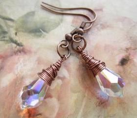 Swarovski Crystal Earrings, Copper Wire Wrapped Earings, Crystal Drop Earrings, Bridal Jewellery, Wedding, Steampunk
