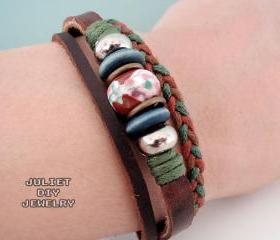 Unisex brown ceramic bead leather bracelet with hemp woven