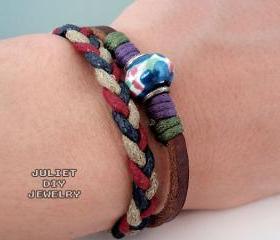 Unisex blue ceramic bead leather bracelet with hemp woven