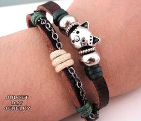 Cat charm bracelet silver kitty cat leather bracelet