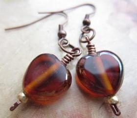 Topaz Glass Earrings, Glass Heart Earrings, Copper Wire Earrings, Golden Glass, Copper Glass, Autumn, Fall, Drop Earrings, Dangle