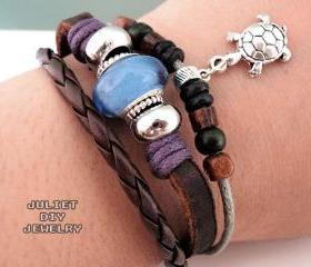 Silver turtle charm leather bracelet