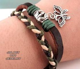 Silver butterfly charm leather bracelet 