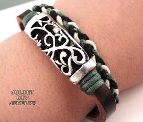 Simple hemp woven leather bracelet with vintage style silver tube