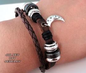 Silver moon charm leather bracelet