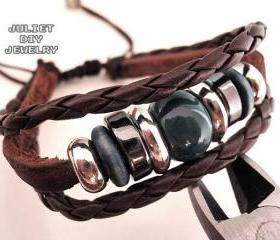 Unisex green ceramic bead leather bracelet